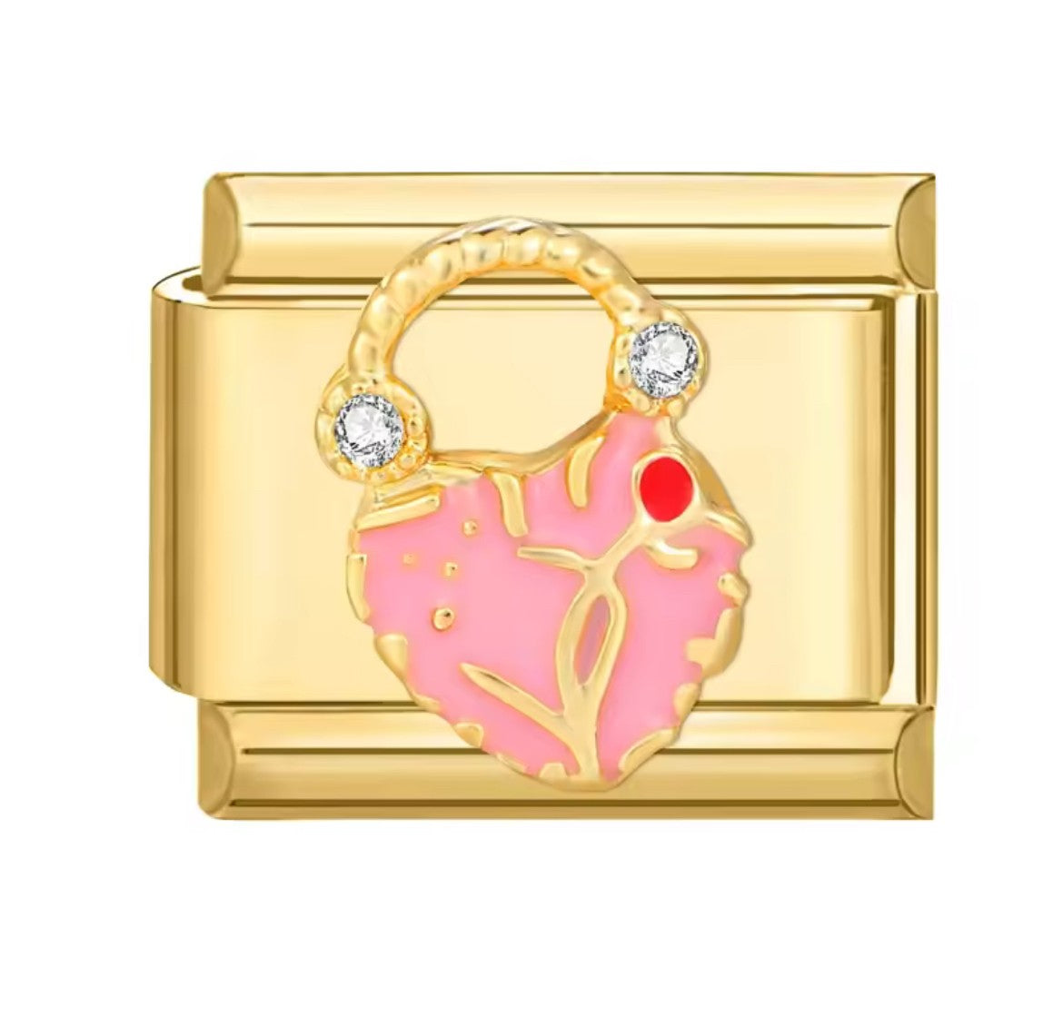Pink Heart Padlock Italy Charm Gold Link