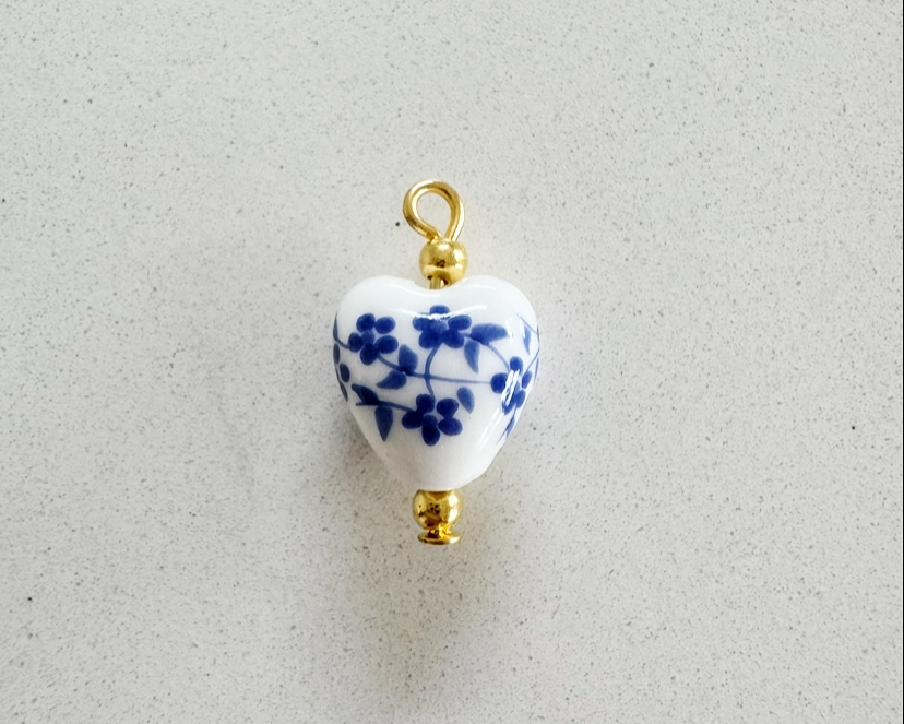 Blue Floral Heart Ceramic Charm