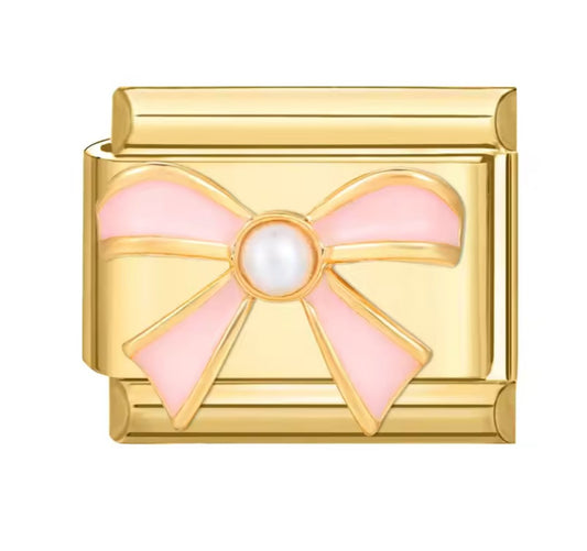 Pink Bow Italy Charm Gold Link