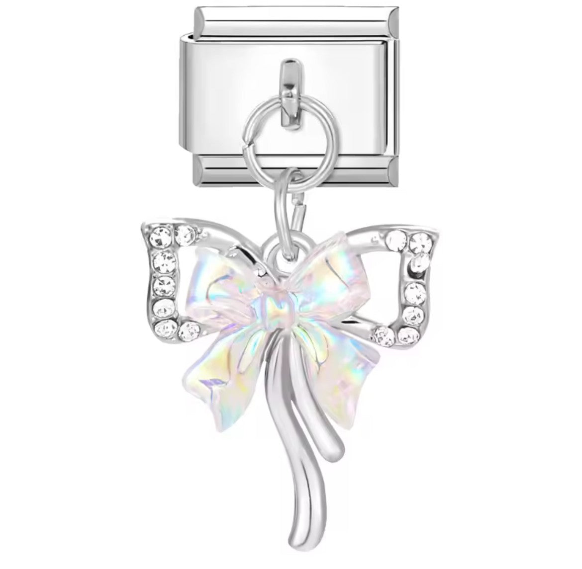 Shine Crystal Bow Italy Dangle Charm Silver Link