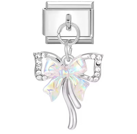 Shine Crystal Bow Italy Dangle Charm Silver Link