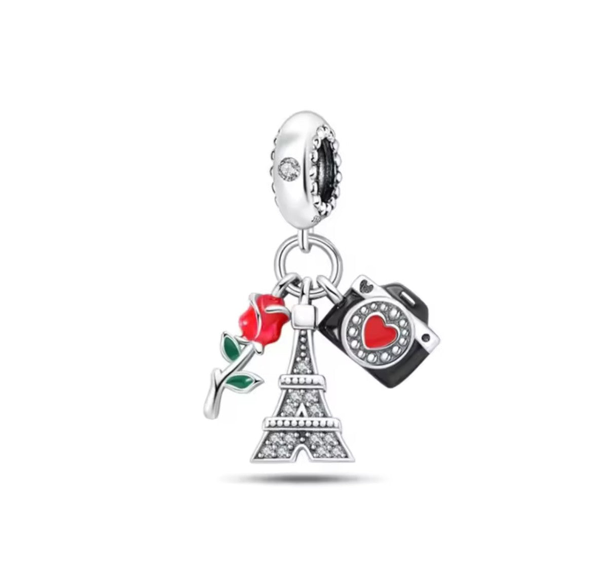Paris Eiffel Tower Camera and Rose Dangle Charm
