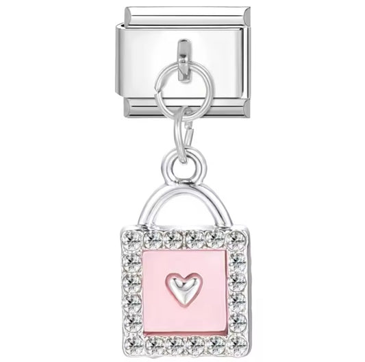 Heart Key Lock Italy Dangle Charm Silver Link